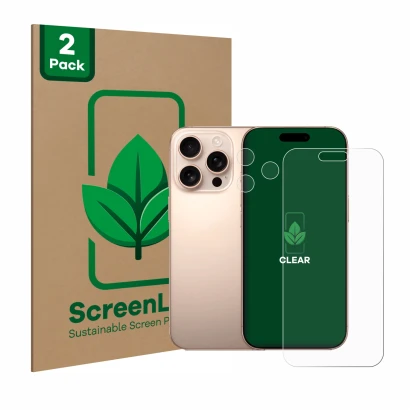 Parte frontale di una confezione del prodotto con il logo del marchio ScreenLeaf. Accanto è raffigurato il dispositivo Apple i