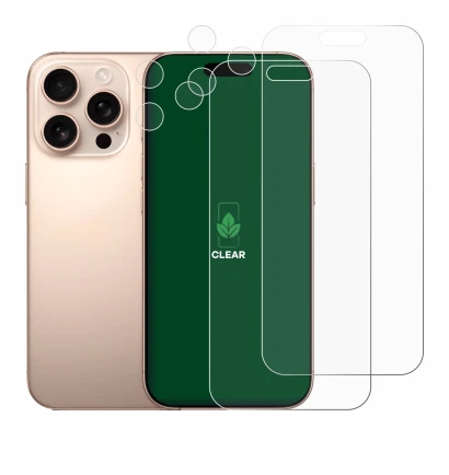 Immagine del dispositivo Apple iPhone 16 Pro Max (Fronte+Fotocamera) con un'ampia varietà di protezioni per lo schermo.