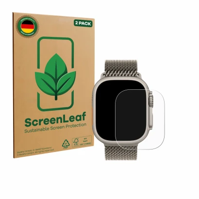 Parte frontale di una confezione del prodotto con il logo del marchio ScreenLeaf. Accanto è raffigurato il dispositivo Apple W