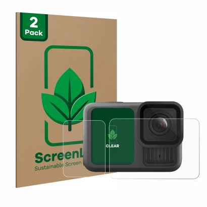 Parte frontale di una confezione del prodotto con il logo del marchio ScreenLeaf. Accanto è raffigurato il dispositivo GoPro H
