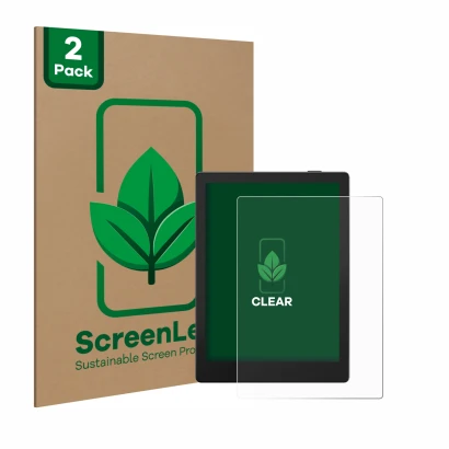 Parte frontale di una confezione del prodotto con il logo del marchio ScreenLeaf. Accanto è raffigurato il dispositivo Boox Go