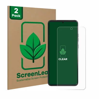 Parte frontale di una confezione del prodotto con il logo del marchio ScreenLeaf. Accanto è raffigurato il dispositivo Motorol