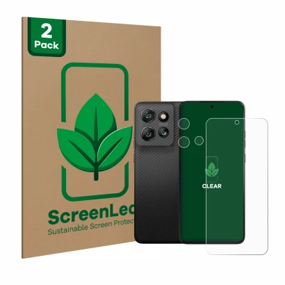 Parte frontale di una confezione del prodotto con il logo del marchio ScreenLeaf. Accanto è raffigurato il dispositivo Motorol