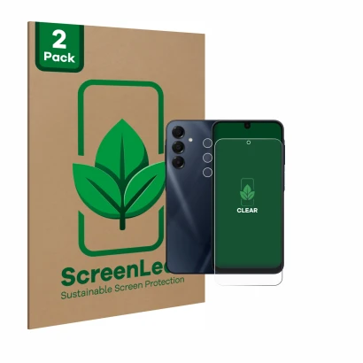 Parte frontale di una confezione del prodotto con il logo del marchio ScreenLeaf. Accanto è raffigurato il dispositivo Samsung