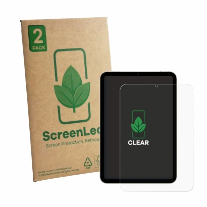Parte frontale di una confezione del prodotto con il logo del marchio ScreenLeaf. Accanto è raffigurato il dispositivo Apple i