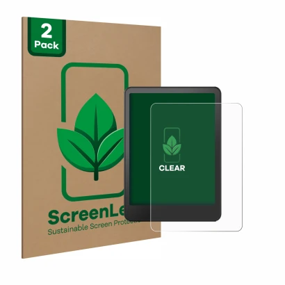 Parte frontale di una confezione del prodotto con il logo del marchio ScreenLeaf. Accanto è raffigurato il dispositivo Amazon 