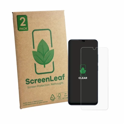 Parte frontale di una confezione del prodotto con il logo del marchio ScreenLeaf. Accanto è raffigurato il dispositivo Xiaomi 