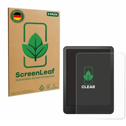 Parte frontale di una confezione del prodotto con il logo del marchio ScreenLeaf. Accanto è raffigurato il dispositivo Amazon 