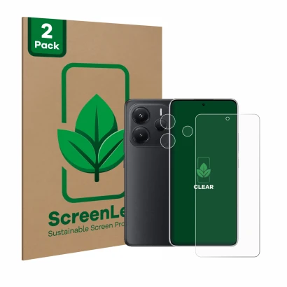 Parte frontale di una confezione del prodotto con il logo del marchio ScreenLeaf. Accanto è raffigurato il dispositivo Xiaomi 