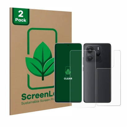 Parte frontale di una confezione del prodotto con il logo del marchio ScreenLeaf. Accanto è raffigurato il dispositivo Xiaomi 