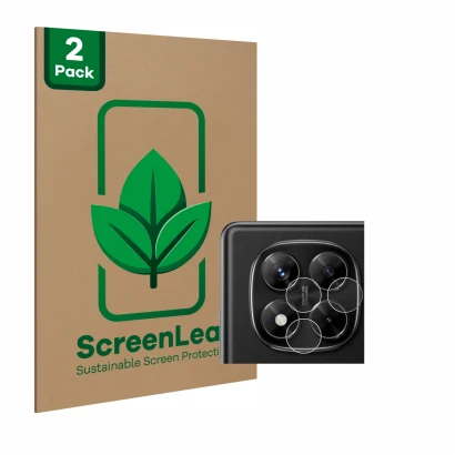 Parte frontale di una confezione del prodotto con il logo del marchio ScreenLeaf. Accanto è raffigurato il dispositivo Xiaomi 