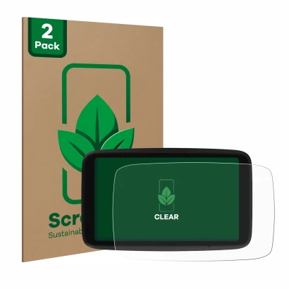 Parte frontale di una confezione del prodotto con il logo del marchio ScreenLeaf. Accanto è raffigurato il dispositivo TomTom 