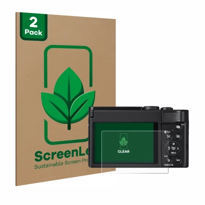 Parte frontale di una confezione del prodotto con il logo del marchio ScreenLeaf. Accanto è raffigurato il dispositivo Panason