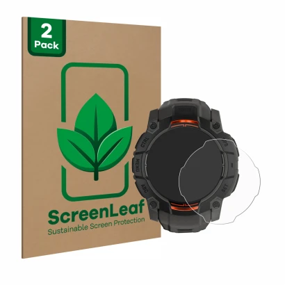 Parte frontale di una confezione del prodotto con il logo del marchio ScreenLeaf. Accanto è raffigurato il dispositivo Garmin 