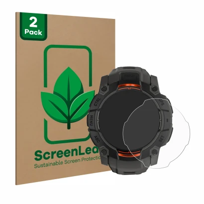Parte frontale di una confezione del prodotto con il logo del marchio ScreenLeaf. Accanto è raffigurato il dispositivo Garmin 