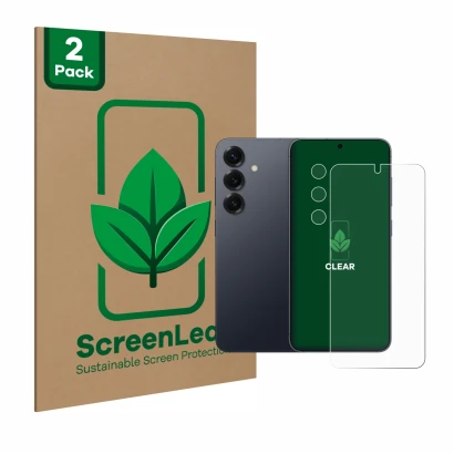 Parte frontale di una confezione del prodotto con il logo del marchio ScreenLeaf. Accanto è raffigurato il dispositivo Samsung