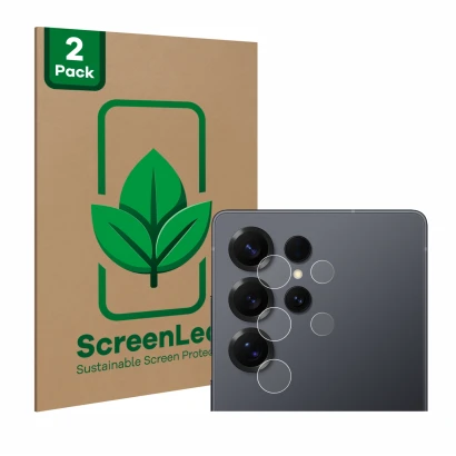 Parte frontale di una confezione del prodotto con il logo del marchio ScreenLeaf. Accanto è raffigurato il dispositivo Samsung
