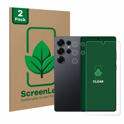 Parte frontale di una confezione del prodotto con il logo del marchio ScreenLeaf. Accanto è raffigurato il dispositivo Samsung