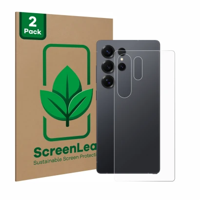 Parte frontale di una confezione del prodotto con il logo del marchio ScreenLeaf. Accanto è raffigurato il dispositivo Samsung