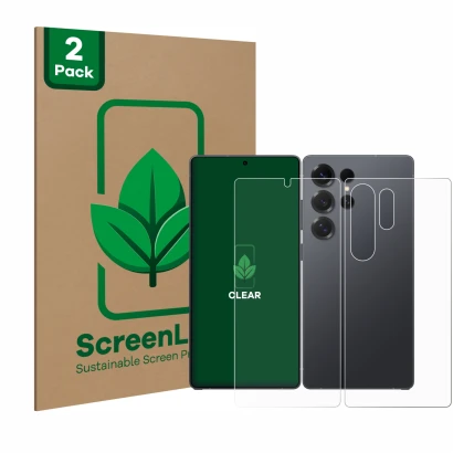 Parte frontale di una confezione del prodotto con il logo del marchio ScreenLeaf. Accanto è raffigurato il dispositivo Samsung