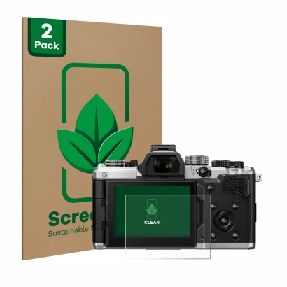 Parte frontale di una confezione del prodotto con il logo del marchio ScreenLeaf. Accanto è raffigurato il dispositivo OM Syst