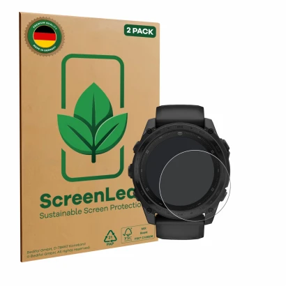Parte frontale di una confezione del prodotto con il logo del marchio ScreenLeaf. Accanto è raffigurato il dispositivo Garmin 