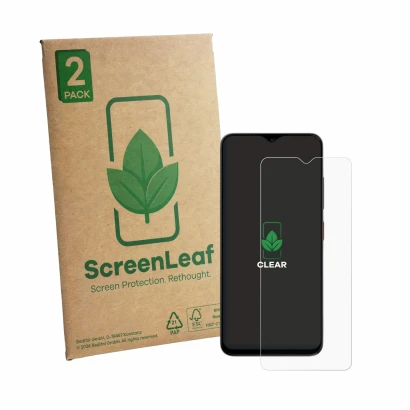 Parte frontale di una confezione del prodotto con il logo del marchio ScreenLeaf. Accanto è raffigurato il dispositivo ZTE Bla