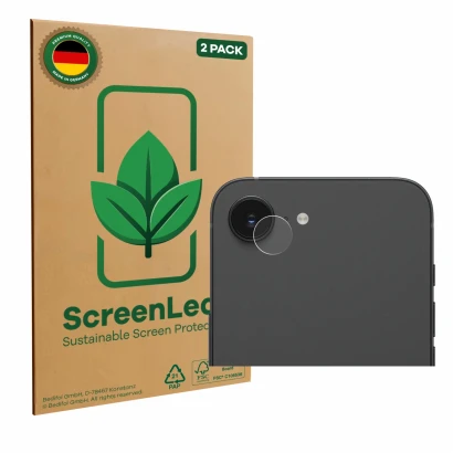 Parte frontale di una confezione del prodotto con il logo del marchio ScreenLeaf. Accanto è raffigurato il dispositivo Apple i