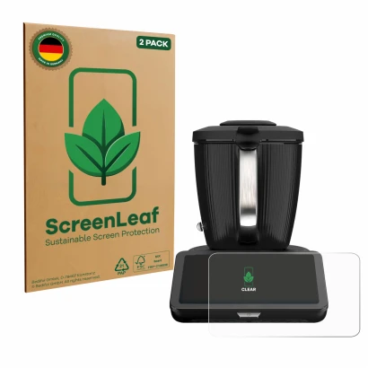 Parte frontale di una confezione del prodotto con il logo del marchio ScreenLeaf. Accanto è raffigurato il dispositivo Vorwerk