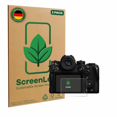 Parte frontale di una confezione del prodotto con il logo del marchio ScreenLeaf. Accanto è raffigurato il dispositivo Panason
