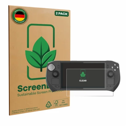 Parte frontale di una confezione del prodotto con il logo del marchio ScreenLeaf. Accanto è raffigurato il dispositivo Zotac G