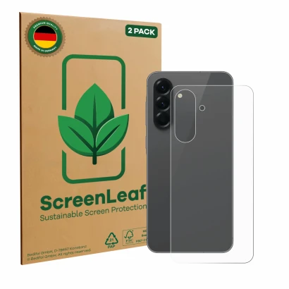 Parte frontale di una confezione del prodotto con il logo del marchio ScreenLeaf. Accanto è raffigurato il dispositivo Samsung