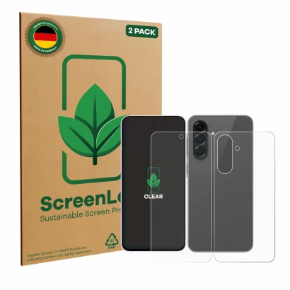 Parte frontale di una confezione del prodotto con il logo del marchio ScreenLeaf. Accanto è raffigurato il dispositivo Samsung