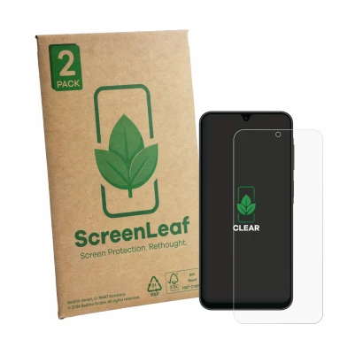 Parte frontale di una confezione del prodotto con il logo del marchio ScreenLeaf. Accanto è raffigurato il dispositivo Samsung