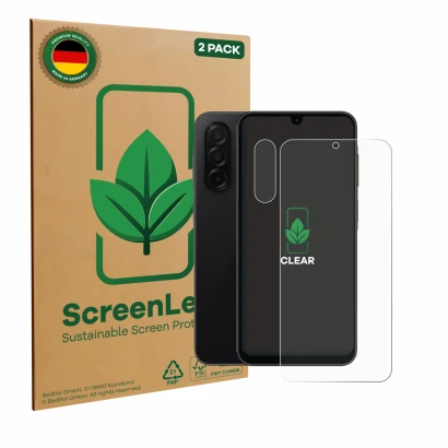 Parte frontale di una confezione del prodotto con il logo del marchio ScreenLeaf. Accanto è raffigurato il dispositivo Samsung