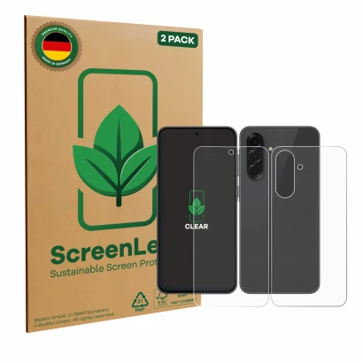 Parte frontale di una confezione del prodotto con il logo del marchio ScreenLeaf. Accanto è raffigurato il dispositivo Samsung