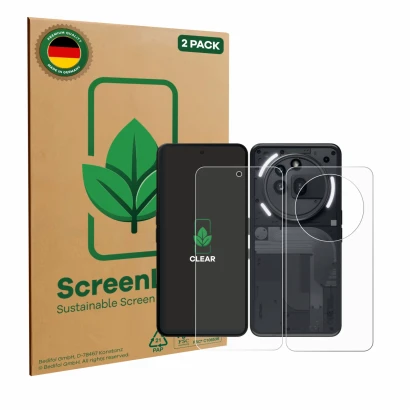 Parte frontale di una confezione del prodotto con il logo del marchio ScreenLeaf. Accanto è raffigurato il dispositivo Nothing