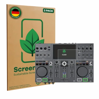 Parte frontale di una confezione del prodotto con il logo del marchio ScreenLeaf. Accanto è raffigurato il dispositivo Denon D