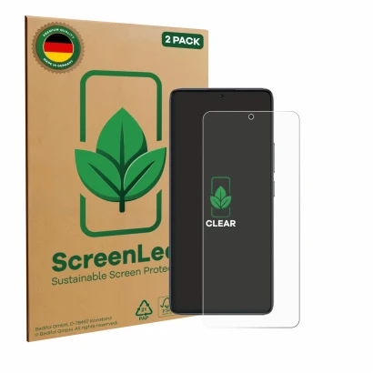 Parte frontale di una confezione del prodotto con il logo del marchio ScreenLeaf. Accanto è raffigurato il dispositivo Xiaomi 