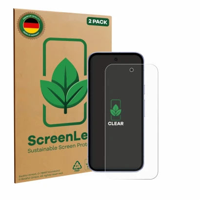 Parte frontale di una confezione del prodotto con il logo del marchio ScreenLeaf. Accanto è raffigurato il dispositivo Google 