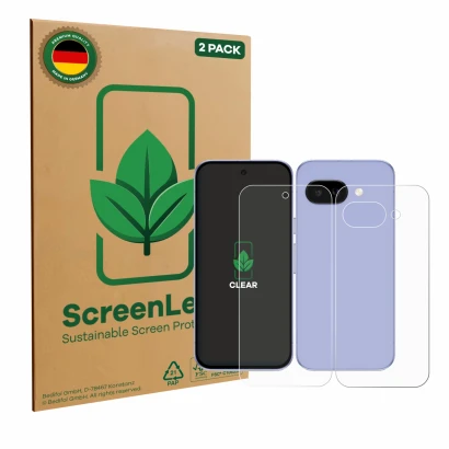 Parte frontale di una confezione del prodotto con il logo del marchio ScreenLeaf. Accanto è raffigurato il dispositivo Google 