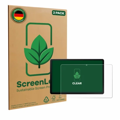 Parte frontale di una confezione del prodotto con il logo del marchio ScreenLeaf. Accanto è raffigurato il dispositivo Samsung