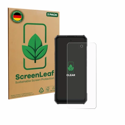 Parte frontale di una confezione del prodotto con il logo del marchio ScreenLeaf. Accanto è raffigurato il dispositivo Ulefone