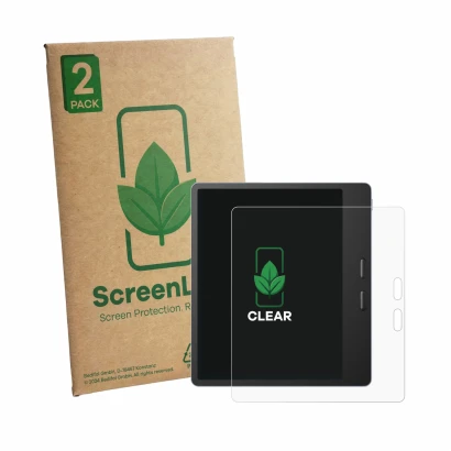 Parte frontale di una confezione del prodotto con il logo del marchio ScreenLeaf. Accanto è raffigurato il dispositivo Boox Le
