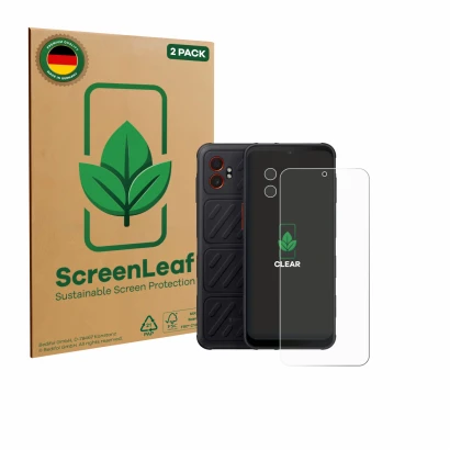 Parte frontale di una confezione del prodotto con il logo del marchio ScreenLeaf. Accanto è raffigurato il dispositivo Samsung