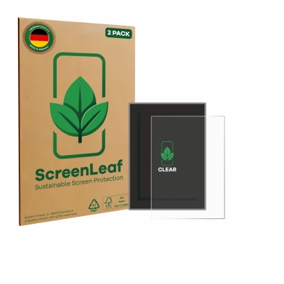 Parte frontale di una confezione del prodotto con il logo del marchio ScreenLeaf. Accanto è raffigurato il dispositivo Volvo X