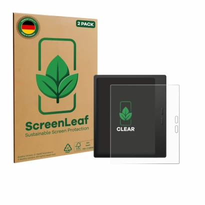 Parte frontale di una confezione del prodotto con il logo del marchio ScreenLeaf. Accanto è raffigurato il dispositivo Boox Go