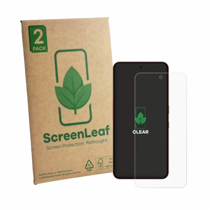 Parte frontale di una confezione del prodotto con il logo del marchio ScreenLeaf. Accanto è raffigurato il dispositivo Nothing