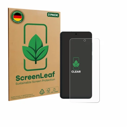 Parte frontale di una confezione del prodotto con il logo del marchio ScreenLeaf. Accanto è raffigurato il dispositivo Samsung