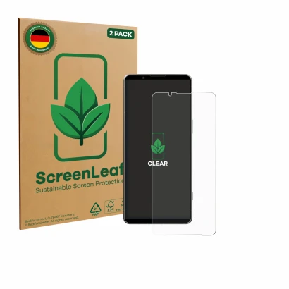 Parte frontale di una confezione del prodotto con il logo del marchio ScreenLeaf. Accanto è raffigurato il dispositivo Sony Xp